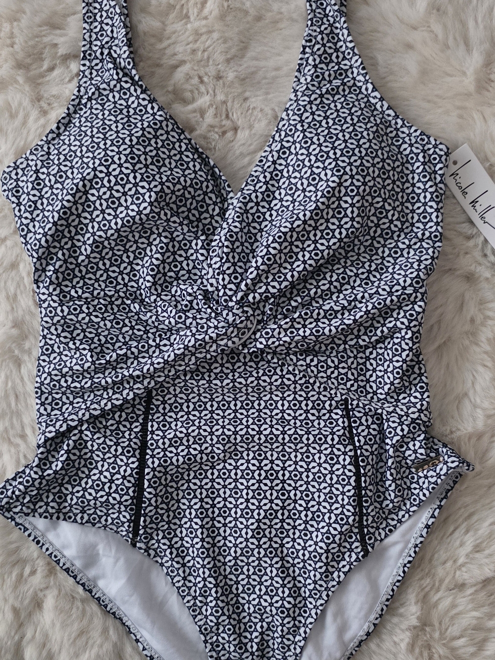 Twist-Front Black & White Geometric One-Piece Swimsuit